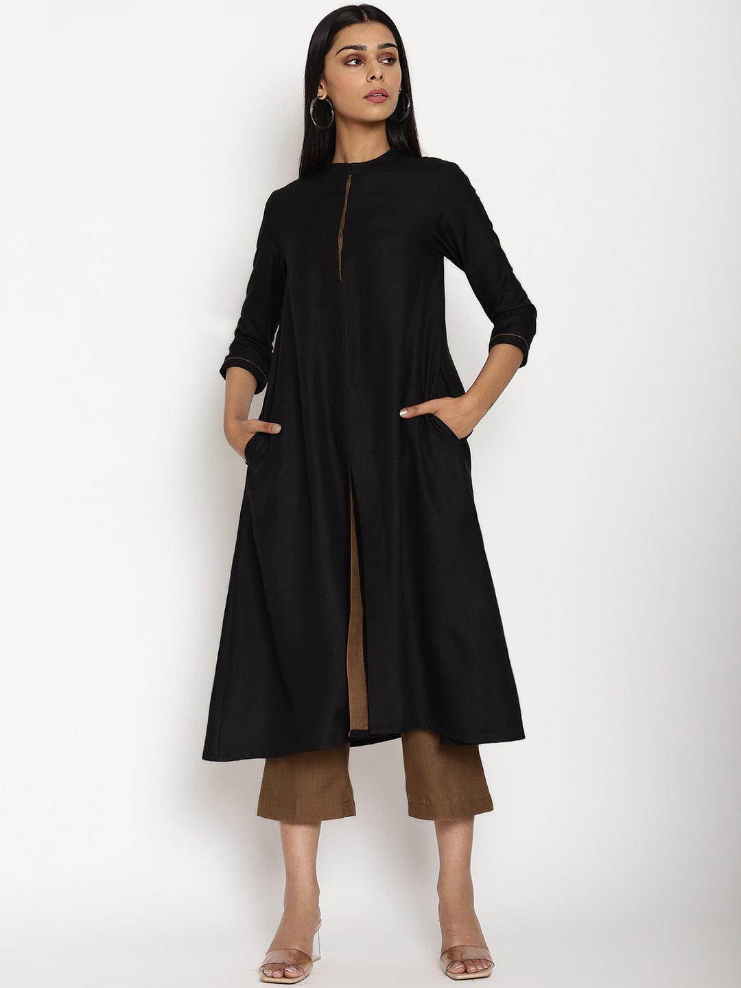 trueBrowns Cotton Linen Black Kurta Pant Set | Grocsy