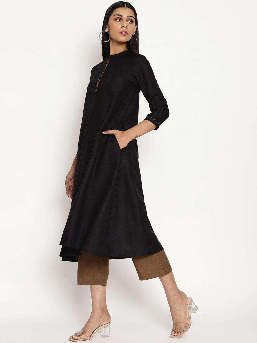 trueBrowns Cotton Linen Black Kurta Pant Set | Grocsy