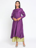 trueBrowns Silk Purple Gathered Sleeve Flared Kurta Palazzo Set | Grocsy