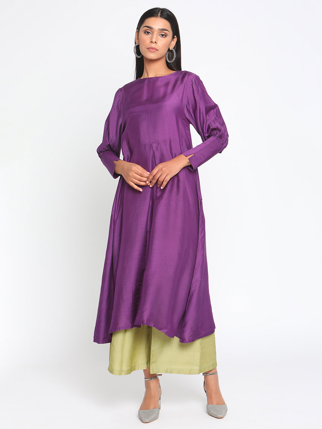 trueBrowns Silk Purple Gathered Sleeve Flared Kurta Palazzo Set | Grocsy
