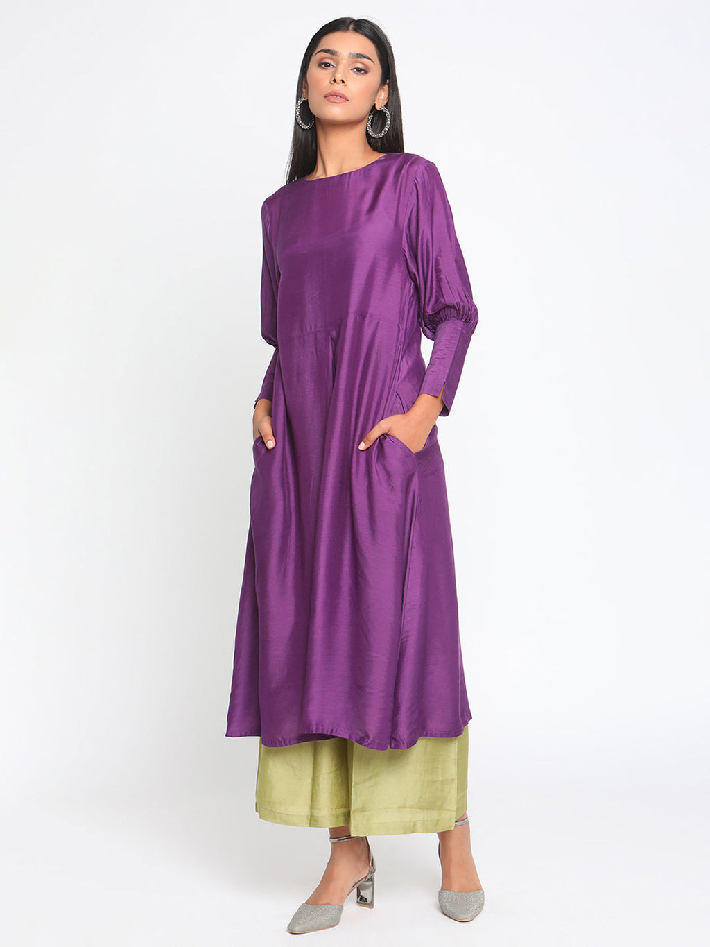 trueBrowns Silk Purple Gathered Sleeve Flared Kurta Palazzo Set | Grocsy