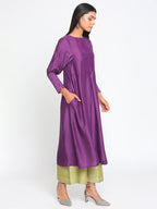 trueBrowns Silk Purple Gathered Sleeve Flared Kurta Palazzo Set | Grocsy
