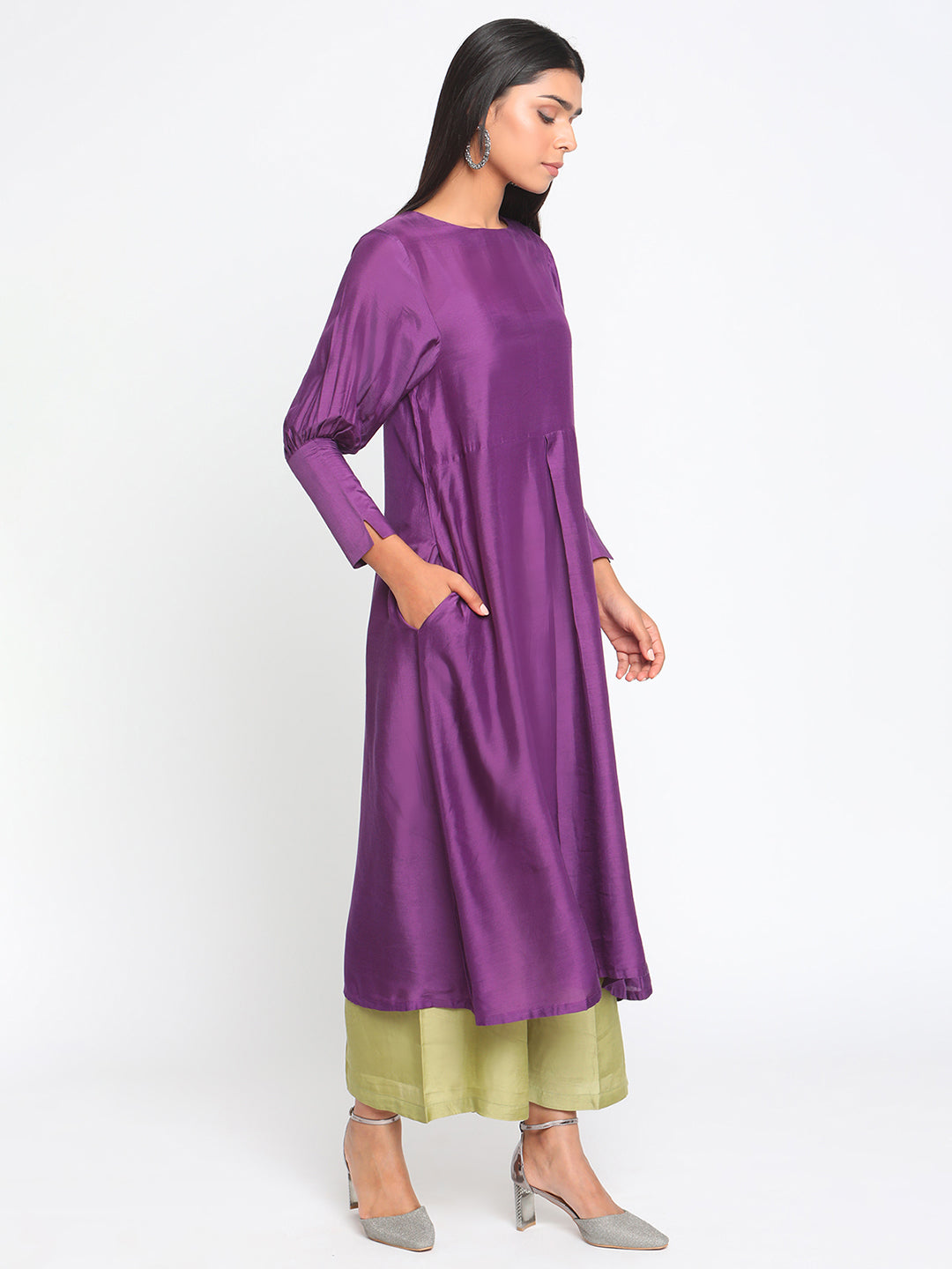 trueBrowns Silk Purple Gathered Sleeve Flared Kurta Palazzo Set | Grocsy