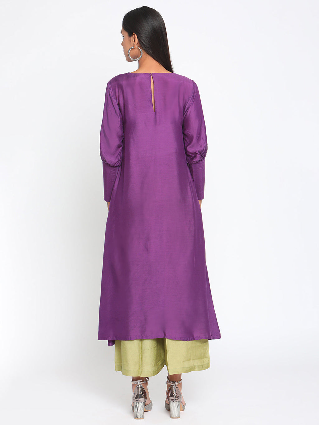 trueBrowns Silk Purple Gathered Sleeve Flared Kurta Palazzo Set | Grocsy