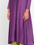trueBrowns Silk Purple Gathered Sleeve Flared Kurta Palazzo Set | Grocsy