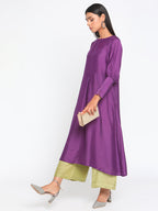 trueBrowns Silk Purple Gathered Sleeve Flared Kurta Palazzo Set | Grocsy