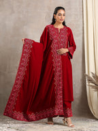 trueBrowns Red Velvet Embroidered Shawl | Grocsy