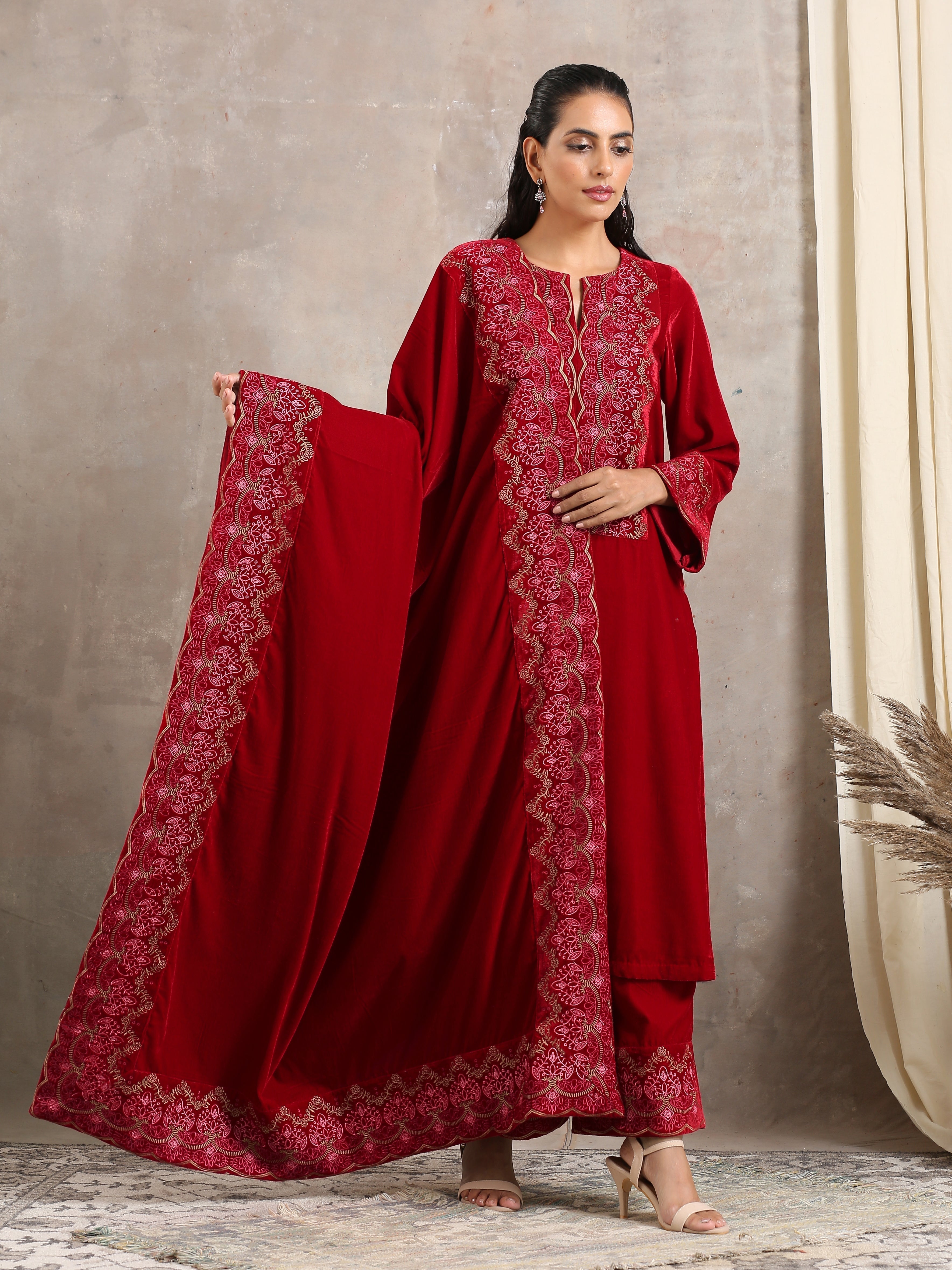 trueBrowns Red Velvet Embroidered Shawl | Grocsy