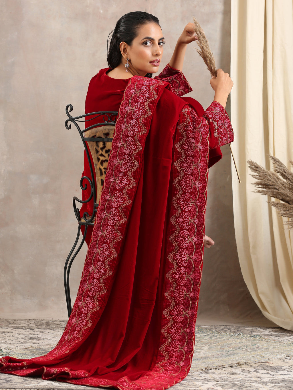 trueBrowns Red Velvet Embroidered Shawl | Grocsy