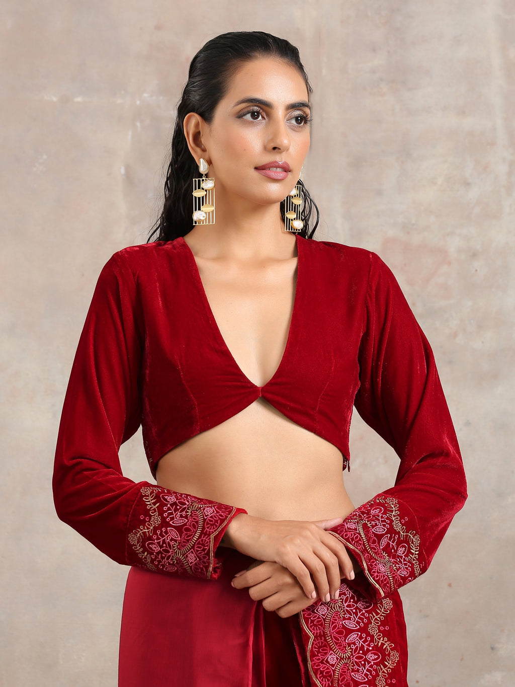 trueBrowns Red Velvet Embroidered Blouse | Grocsy
