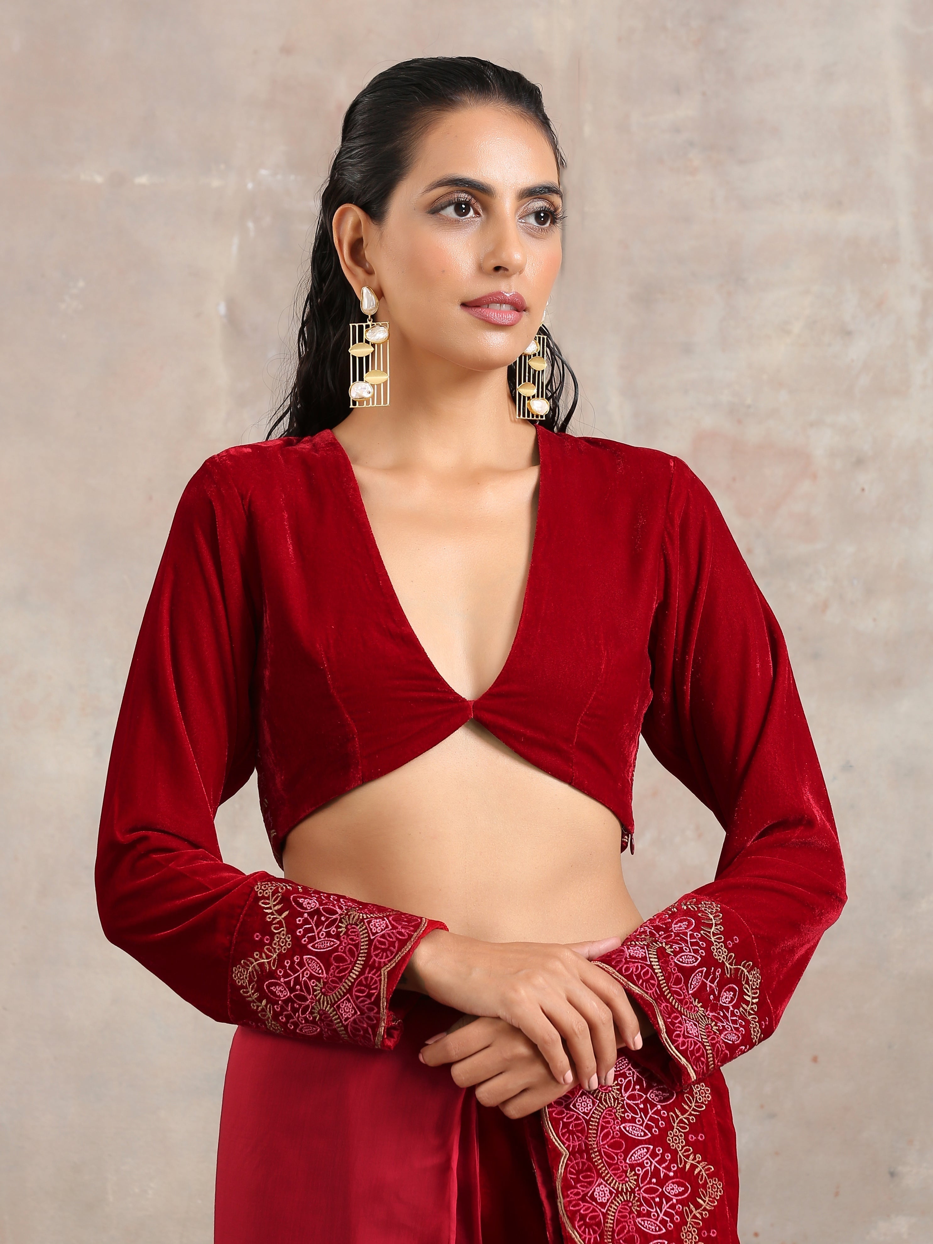 trueBrowns Red Velvet Embroidered Blouse | Grocsy