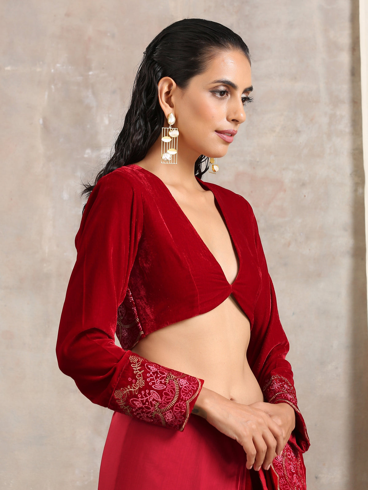 trueBrowns Red Velvet Embroidered Blouse | Grocsy