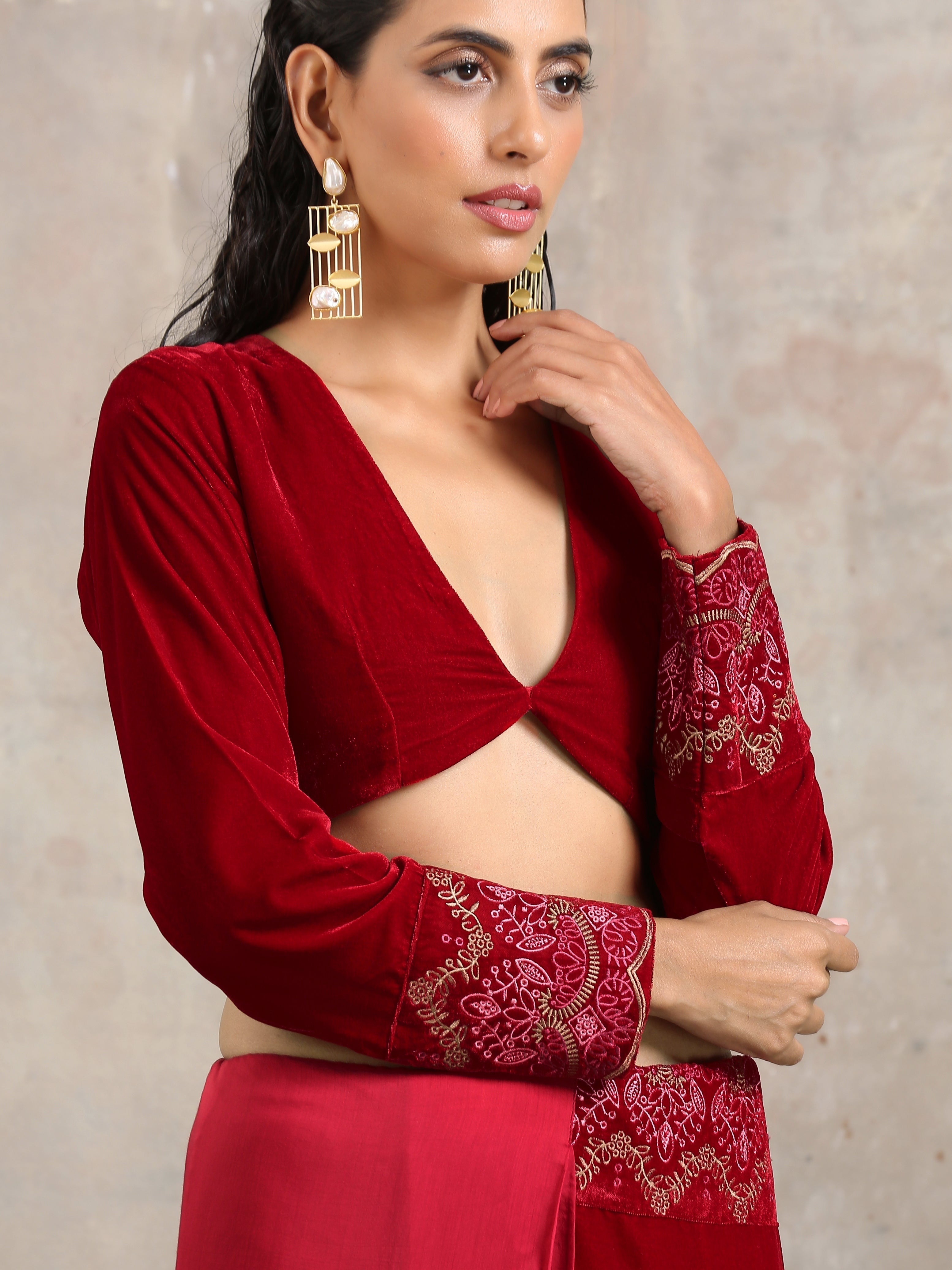 trueBrowns Red Velvet Embroidered Blouse | Grocsy