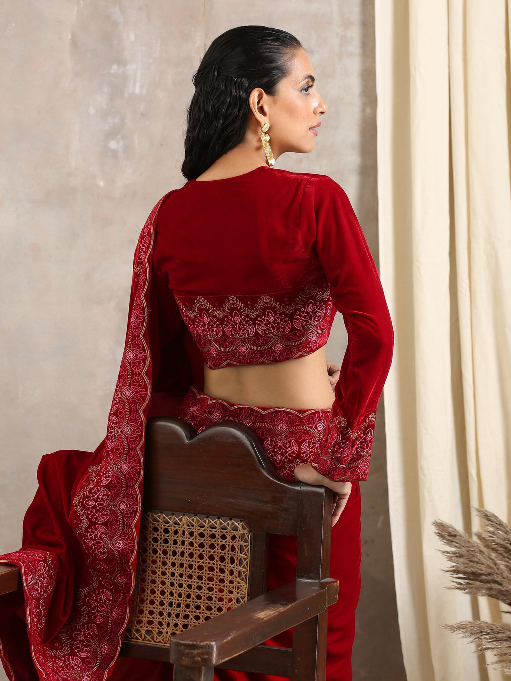 trueBrowns Red Velvet Embroidered Blouse | Grocsy