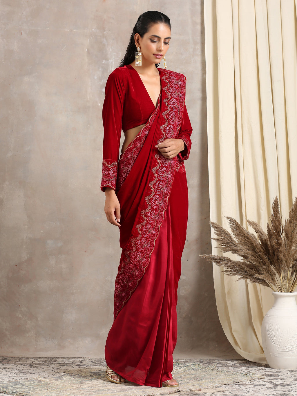 trueBrowns Red Velvet Embroidered Blouse | Grocsy