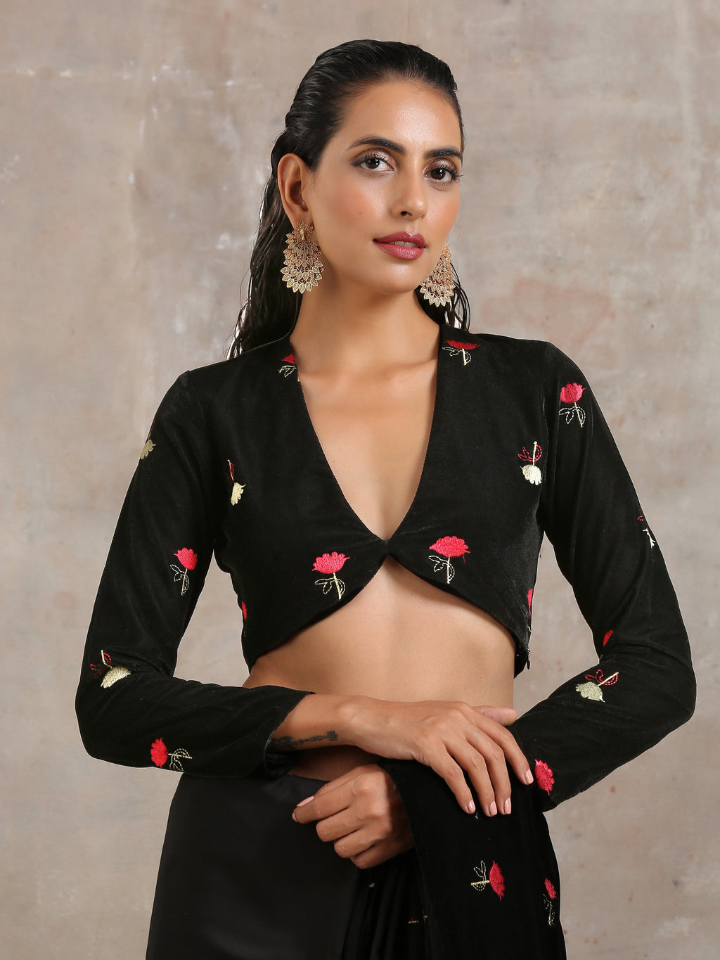 trueBrowns Black Velvet Embroidered Blouse | Grocsy