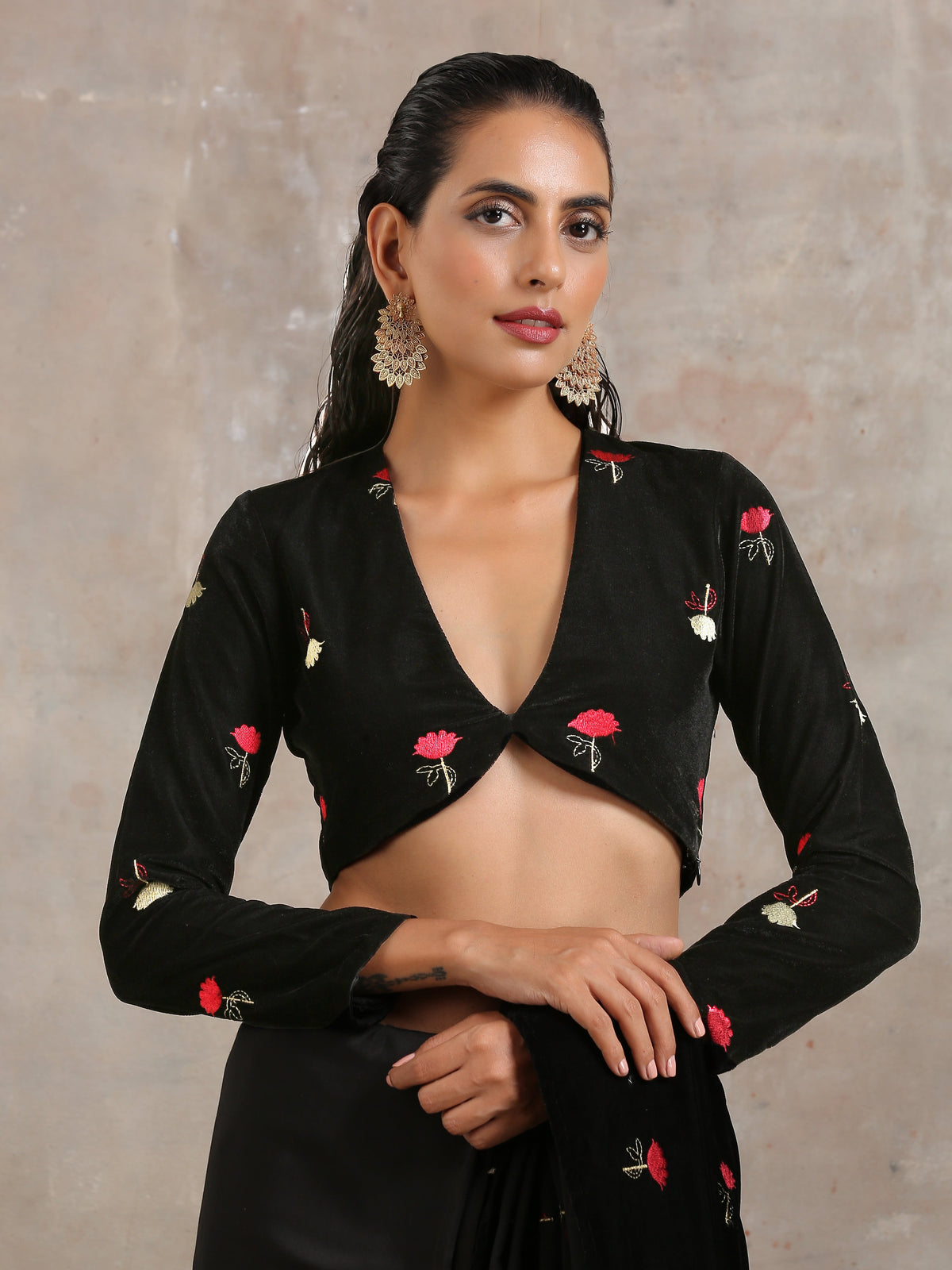 trueBrowns Black Velvet Embroidered Blouse | Grocsy