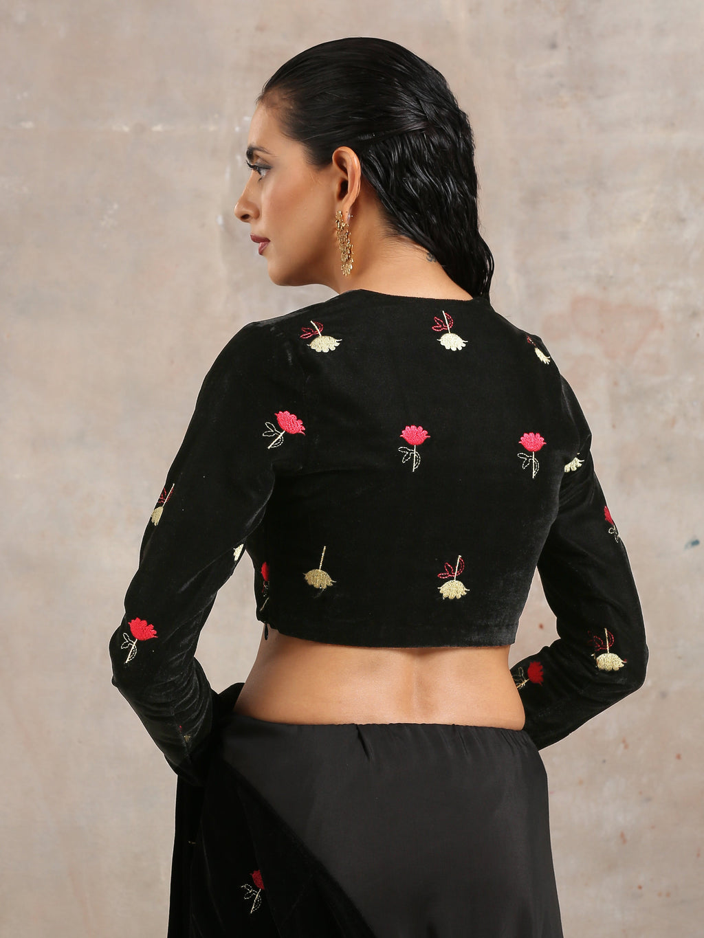 trueBrowns Black Velvet Embroidered Blouse | Grocsy
