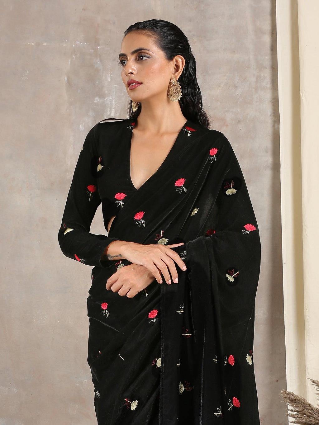 trueBrowns Black Velvet Embroidered Blouse | Grocsy