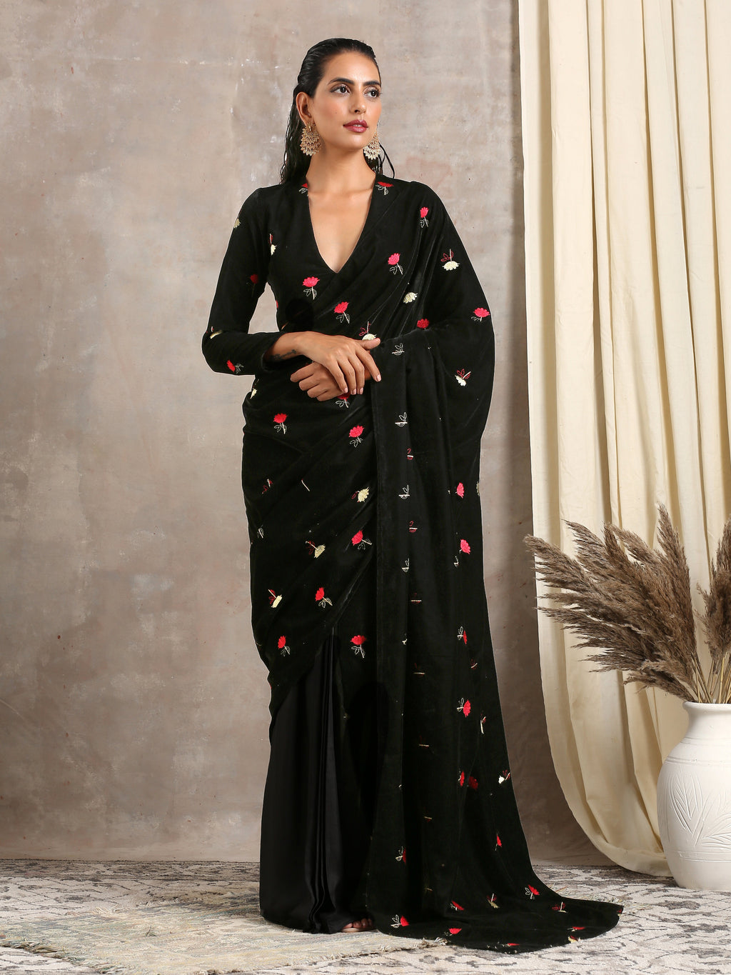 trueBrowns Black Velvet Embroidered Blouse | Grocsy