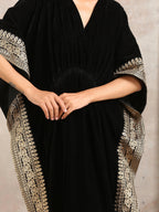 trueBrowns Black Velvet Embroidered Lace Kaftan | Grocsy