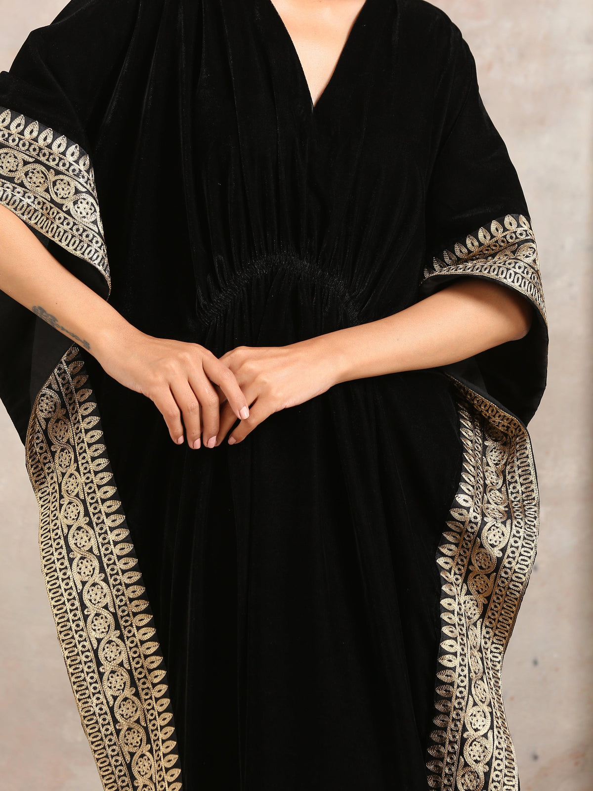trueBrowns Black Velvet Embroidered Lace Kaftan | Grocsy