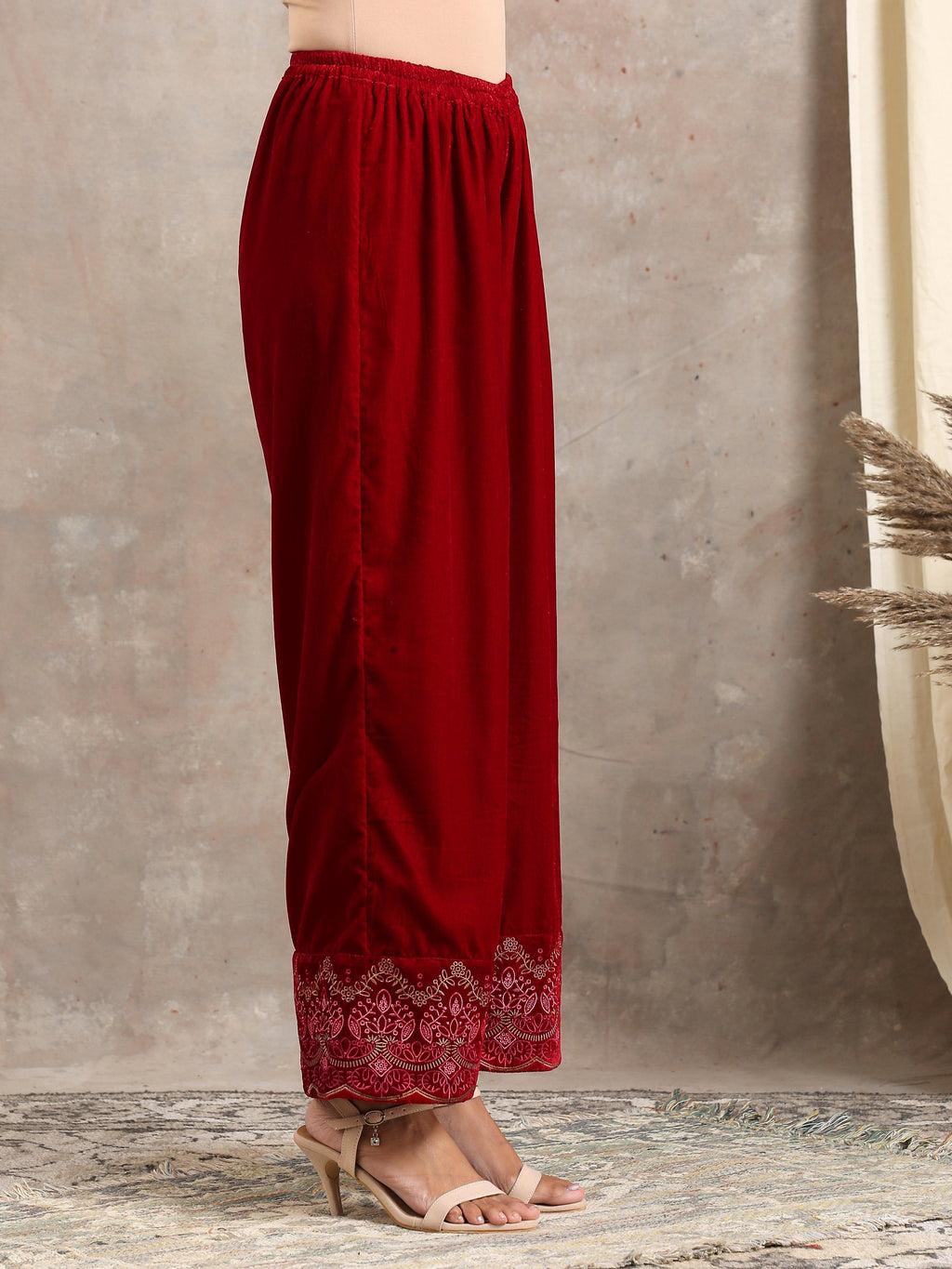 trueBrowns Red Velvet Embroidered Pant | Grocsy