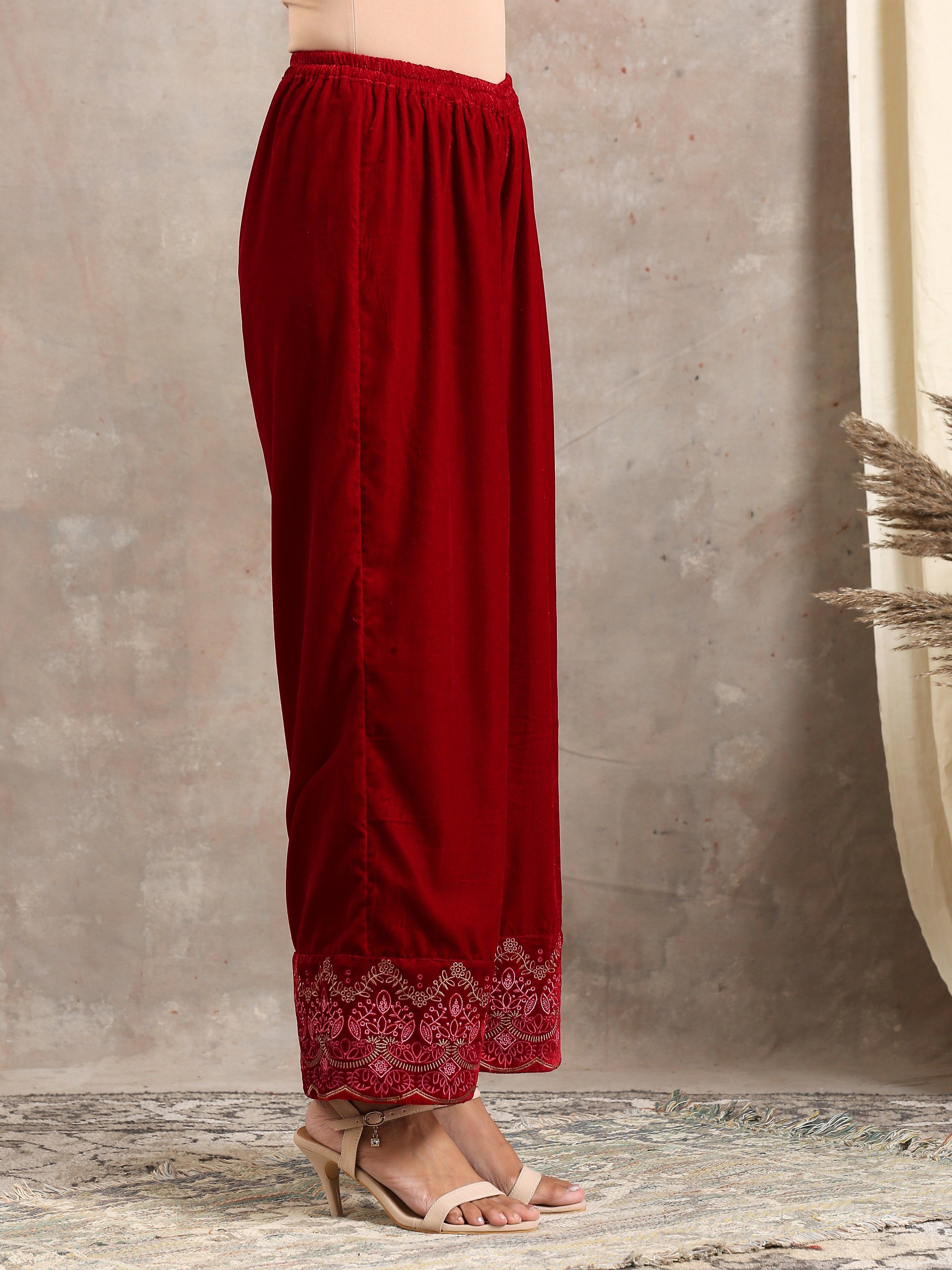 trueBrowns Red Velvet Embroidered Pant | Grocsy