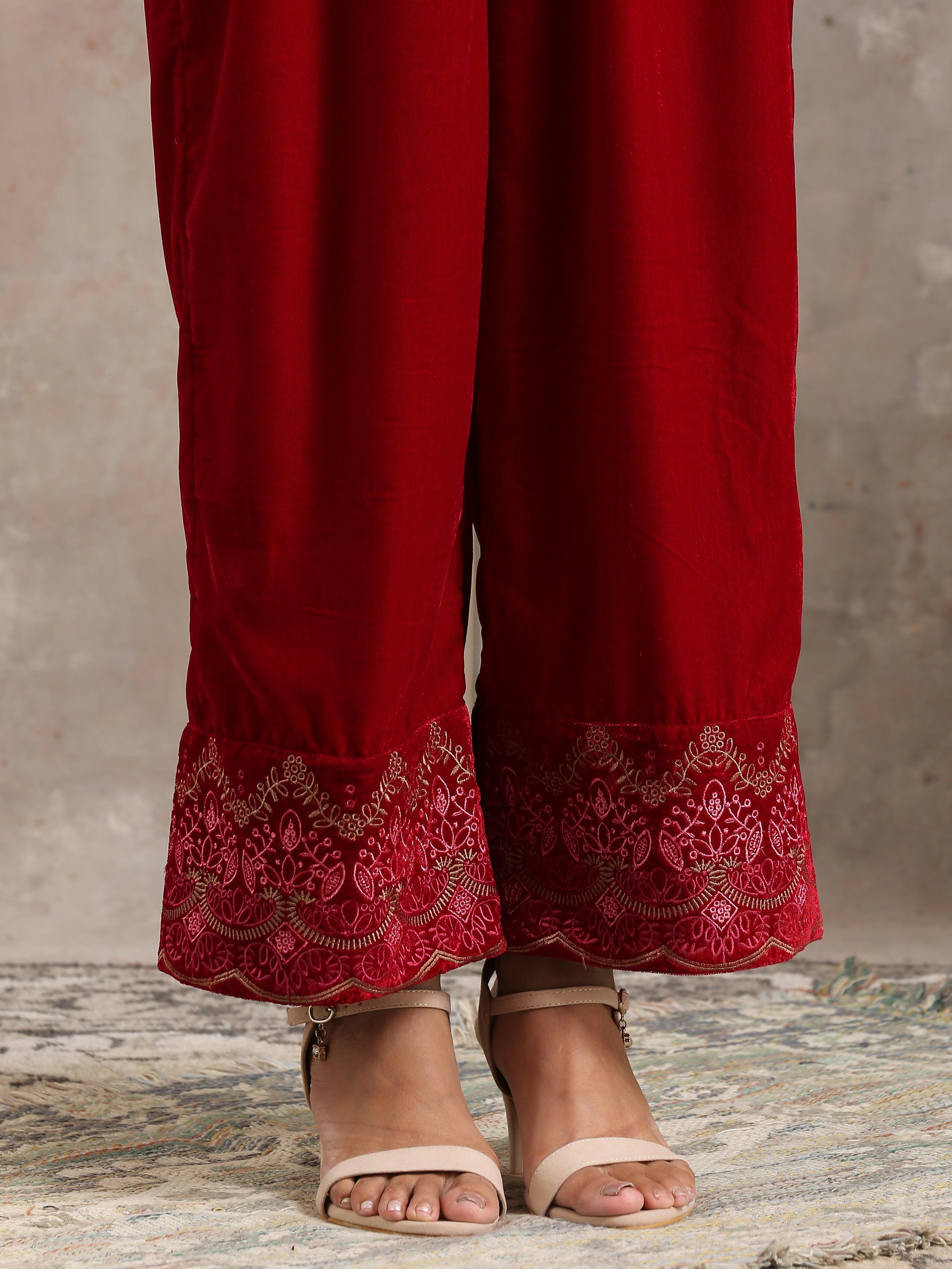 trueBrowns Red Velvet Embroidered Pant | Grocsy