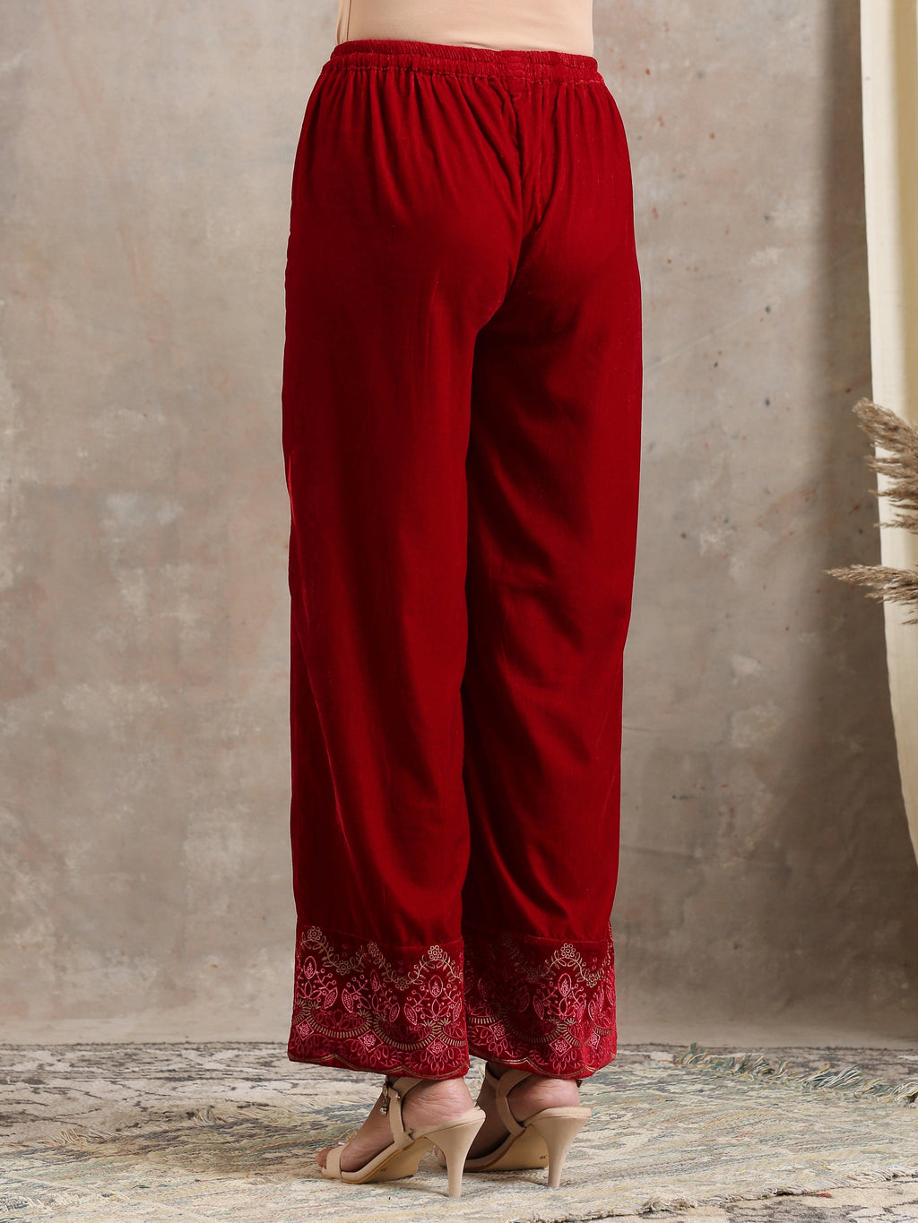 trueBrowns Red Velvet Embroidered Pant | Grocsy