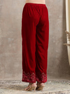 trueBrowns Red Velvet Embroidered Pant | Grocsy