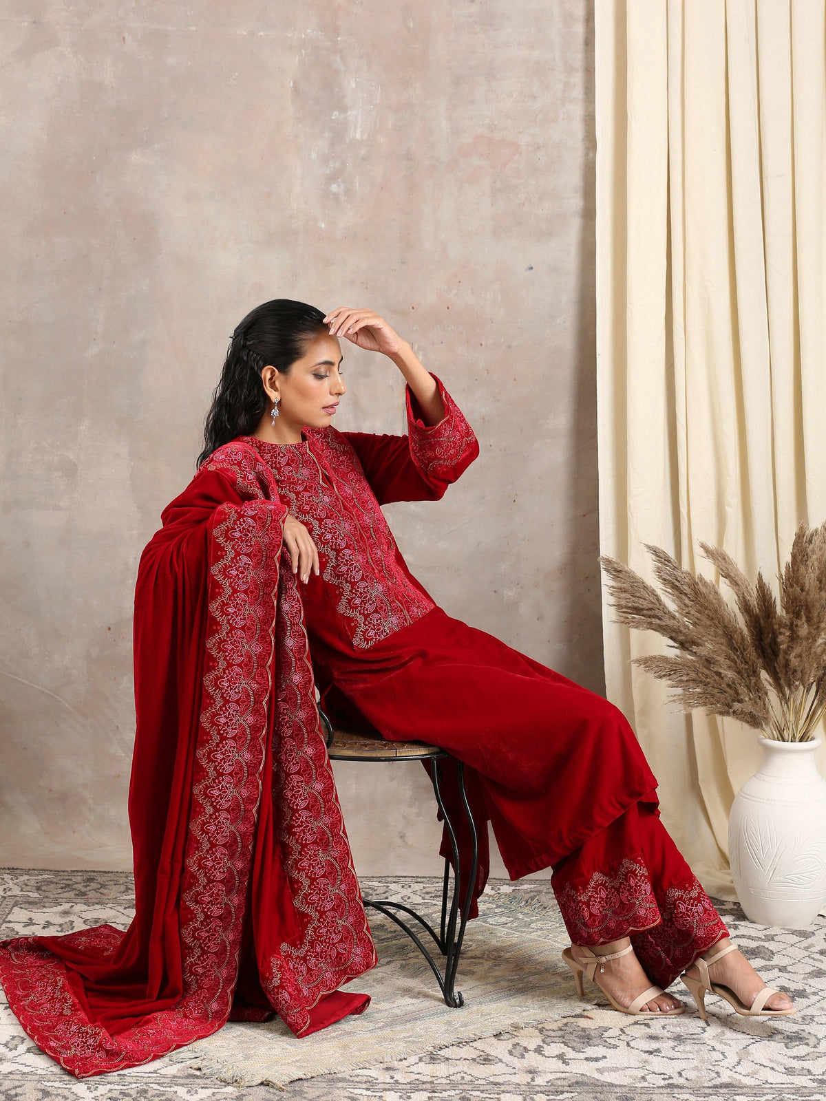 trueBrowns Red Velvet Embroidered Pant | Grocsy