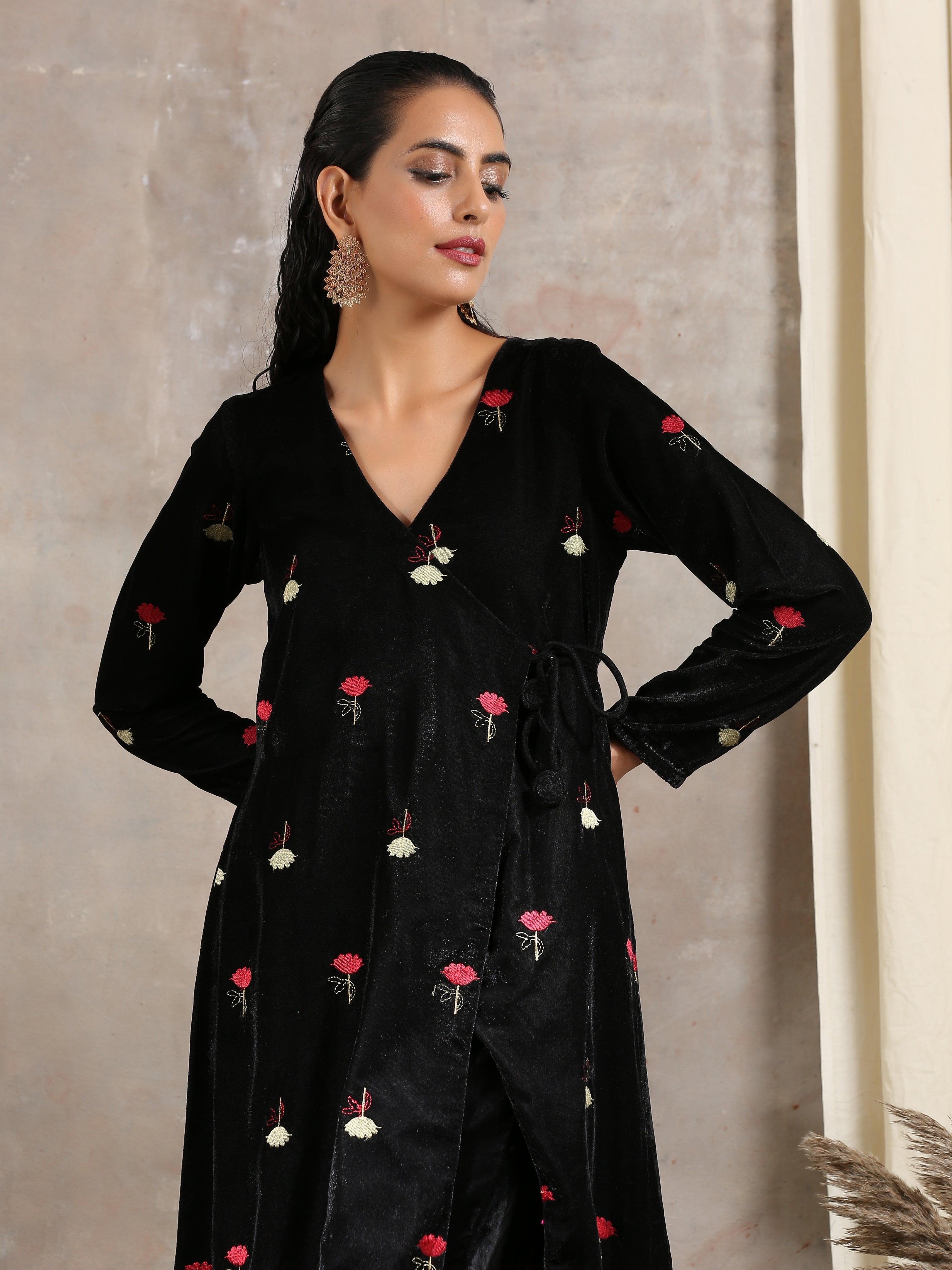 trueBrowns Black Velvet Embroidered Angrakha | Grocsy