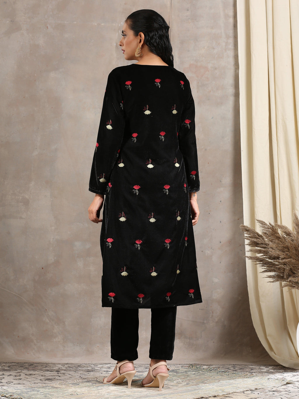 trueBrowns Black Velvet Embroidered Angrakha | Grocsy