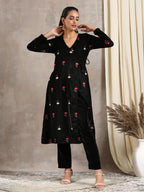trueBrowns Black Velvet Embroidered Angrakha | Grocsy