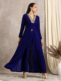 trueBrowns Blue Velvet Front Slit Kurta | Grocsy
