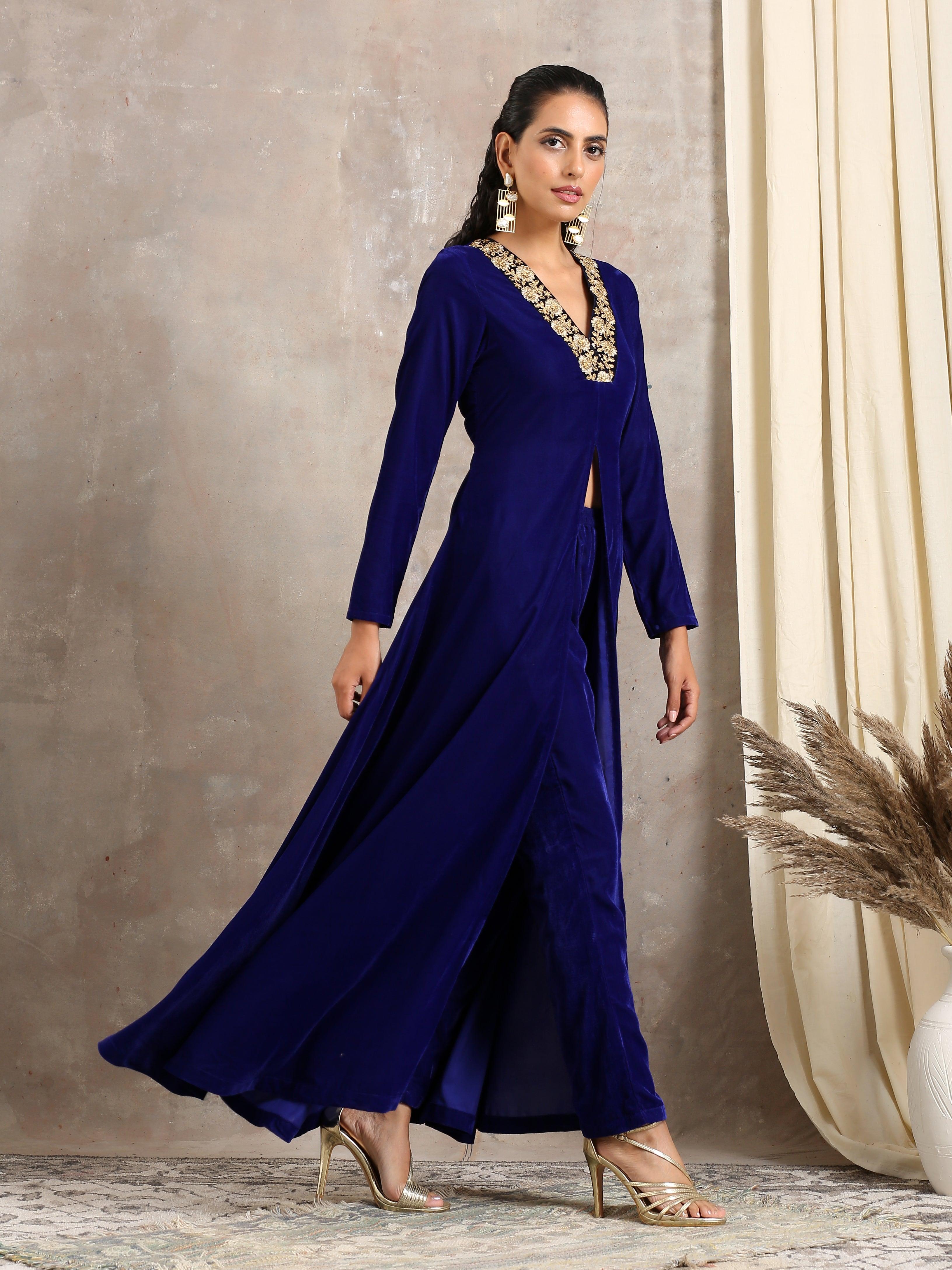 trueBrowns Blue Velvet Front Slit Kurta | Grocsy