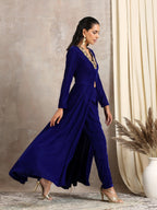 trueBrowns Blue Velvet Front Slit Kurta | Grocsy