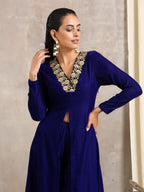 trueBrowns Blue Velvet Front Slit Kurta | Grocsy