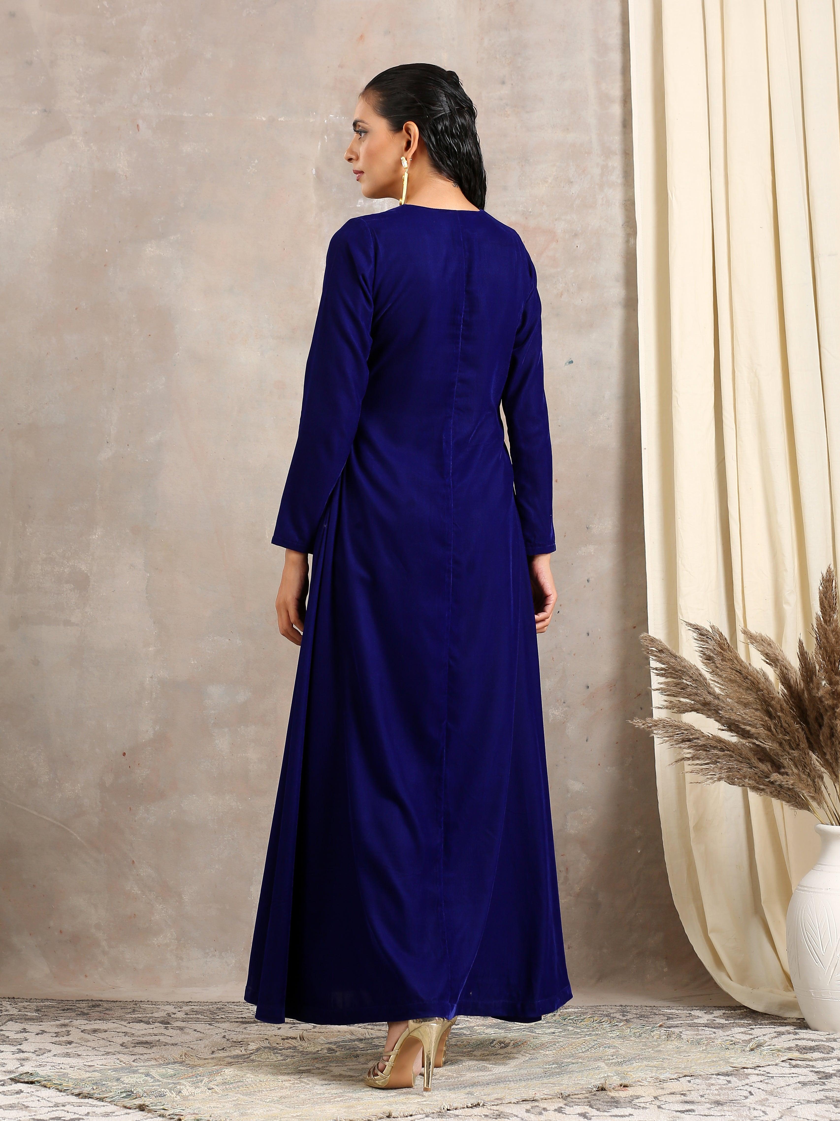 trueBrowns Blue Velvet Front Slit Kurta | Grocsy