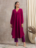 trueBrowns Pink Velvet Pleated Kurta | Grocsy