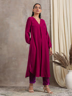trueBrowns Pink Velvet Pleated Kurta | Grocsy