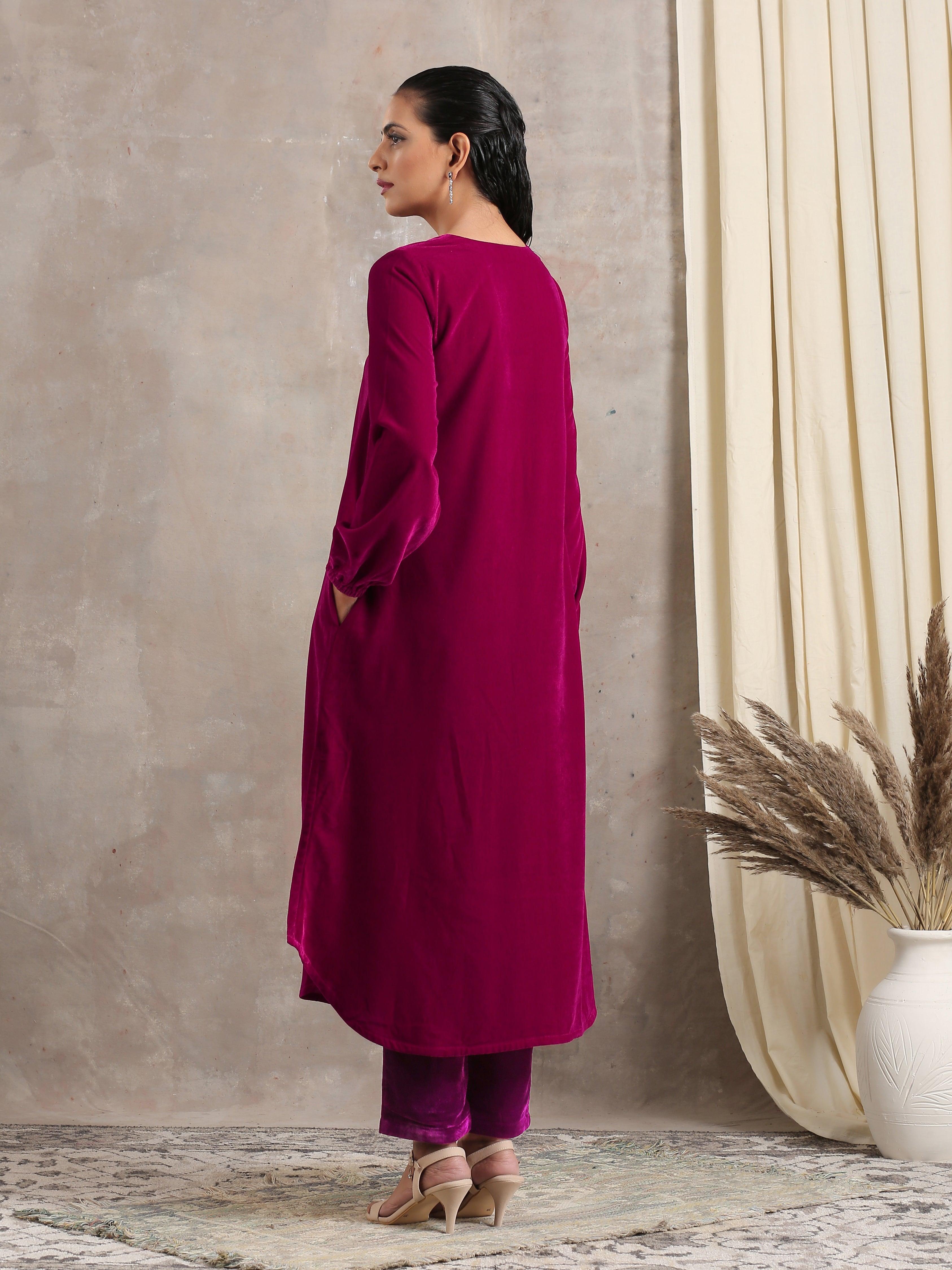 trueBrowns Pink Velvet Pleated Kurta | Grocsy