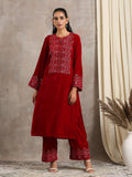 trueBrowns Red Velvet Embroidered Slit Kurta | Grocsy