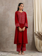 trueBrowns Red Velvet Embroidered Slit Kurta | Grocsy
