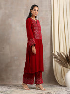 trueBrowns Red Velvet Embroidered Slit Kurta | Grocsy