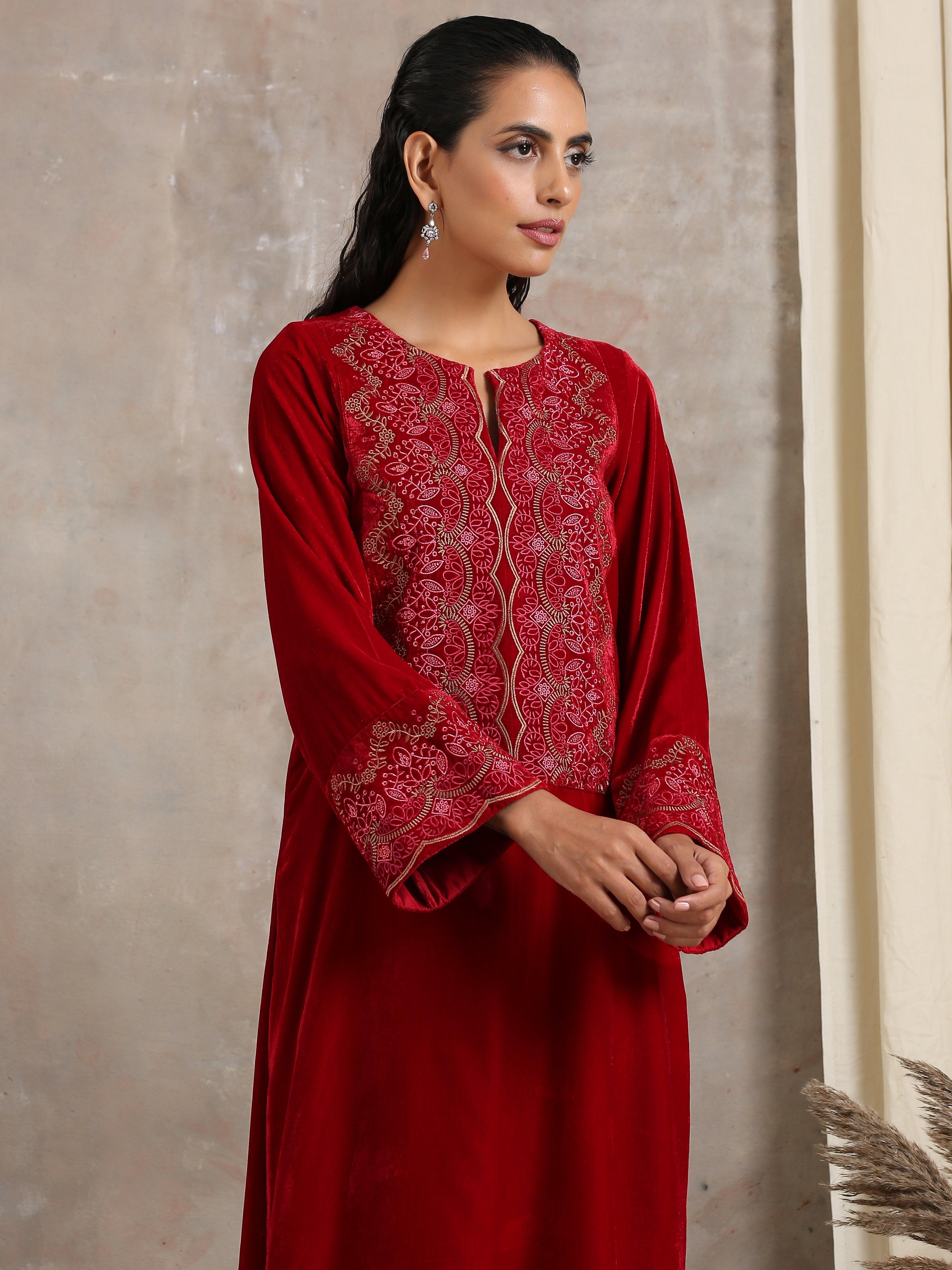 trueBrowns Red Velvet Embroidered Slit Kurta | Grocsy
