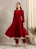 trueBrowns Red Velvet Flared Lace Kurta | Grocsy