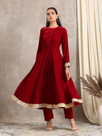 trueBrowns Red Velvet Flared Lace Kurta | Grocsy