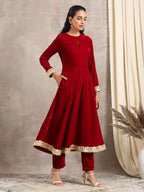 trueBrowns Red Velvet Flared Lace Kurta | Grocsy